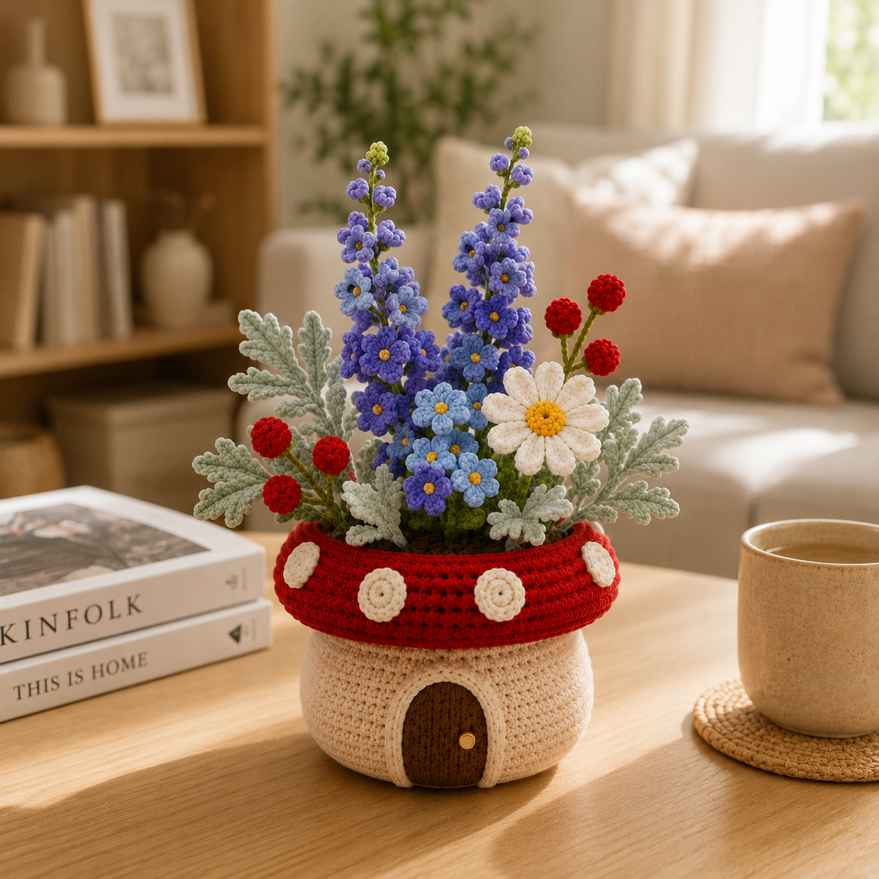 Handmade Crochet Delphinium & Daisy Mushroom Pot