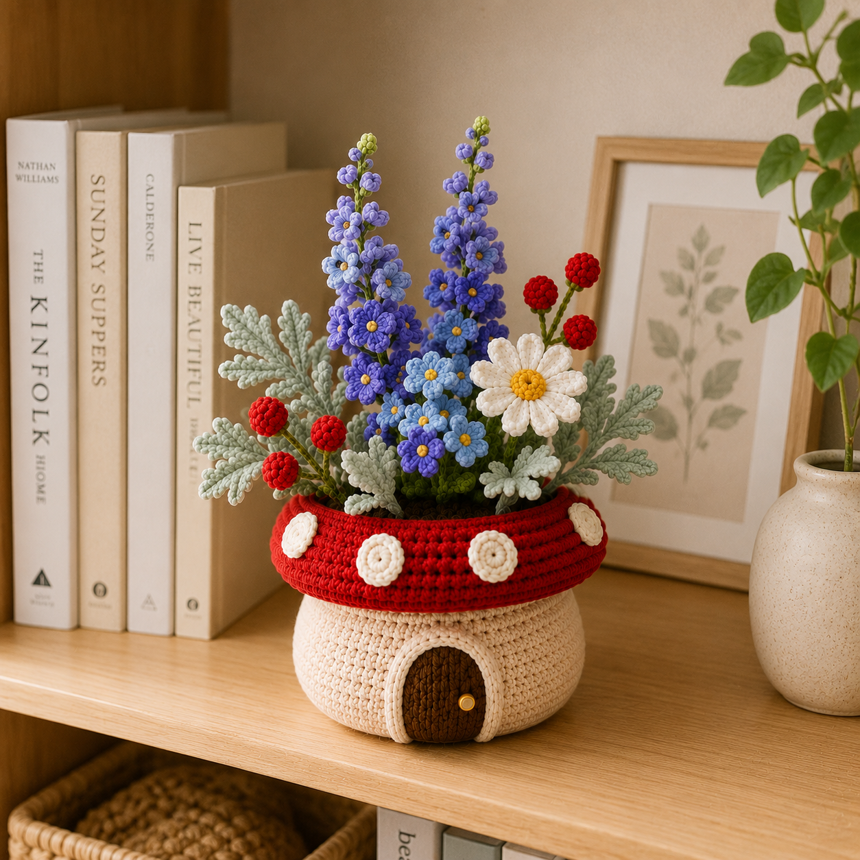 Handmade Crochet Delphinium & Daisy Mushroom Pot