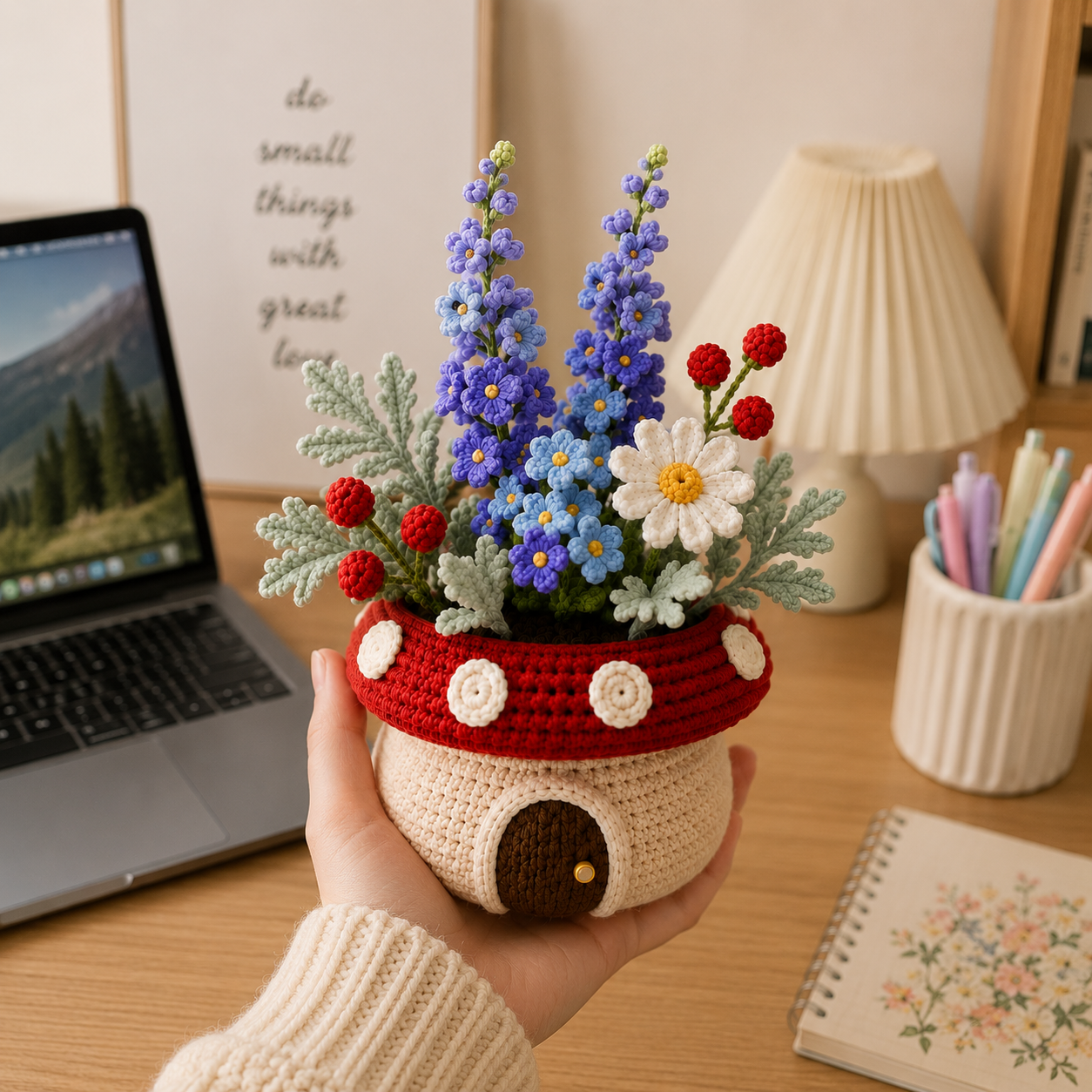 Handmade Crochet Delphinium & Daisy Mushroom Pot