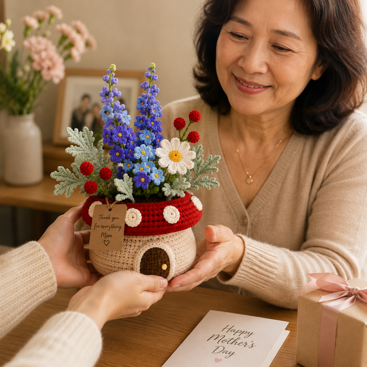 Handmade Crochet Delphinium & Daisy Mushroom Pot