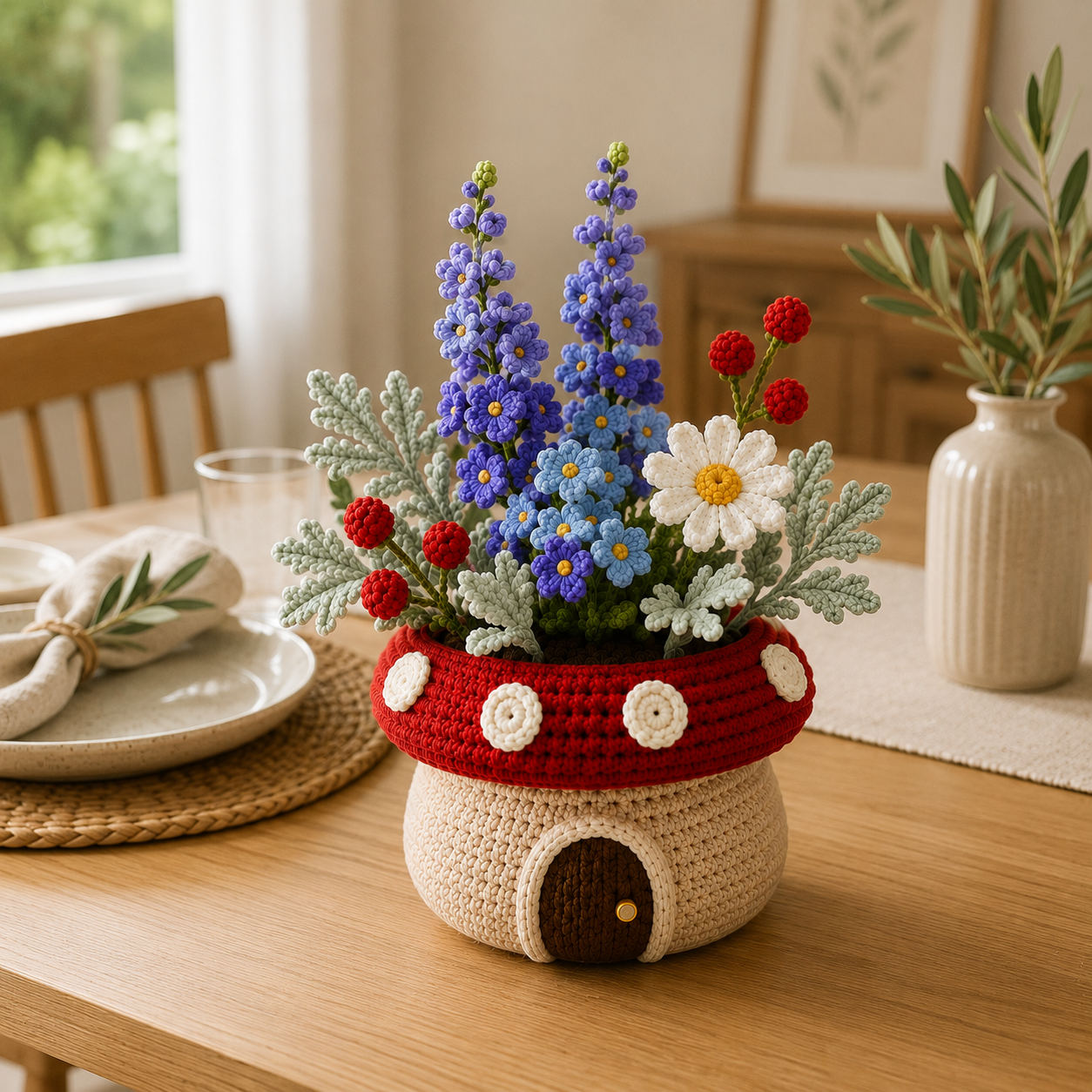 Handmade Crochet Delphinium & Daisy Mushroom Pot