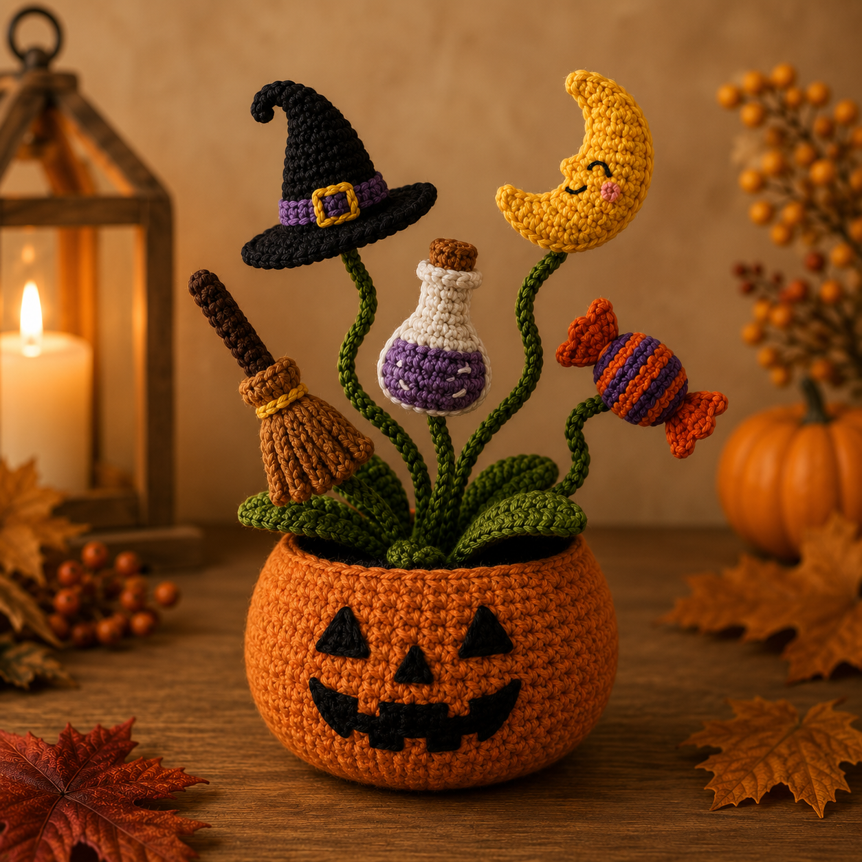 Handmade Crochet Halloween Pumpkin Pot Decor