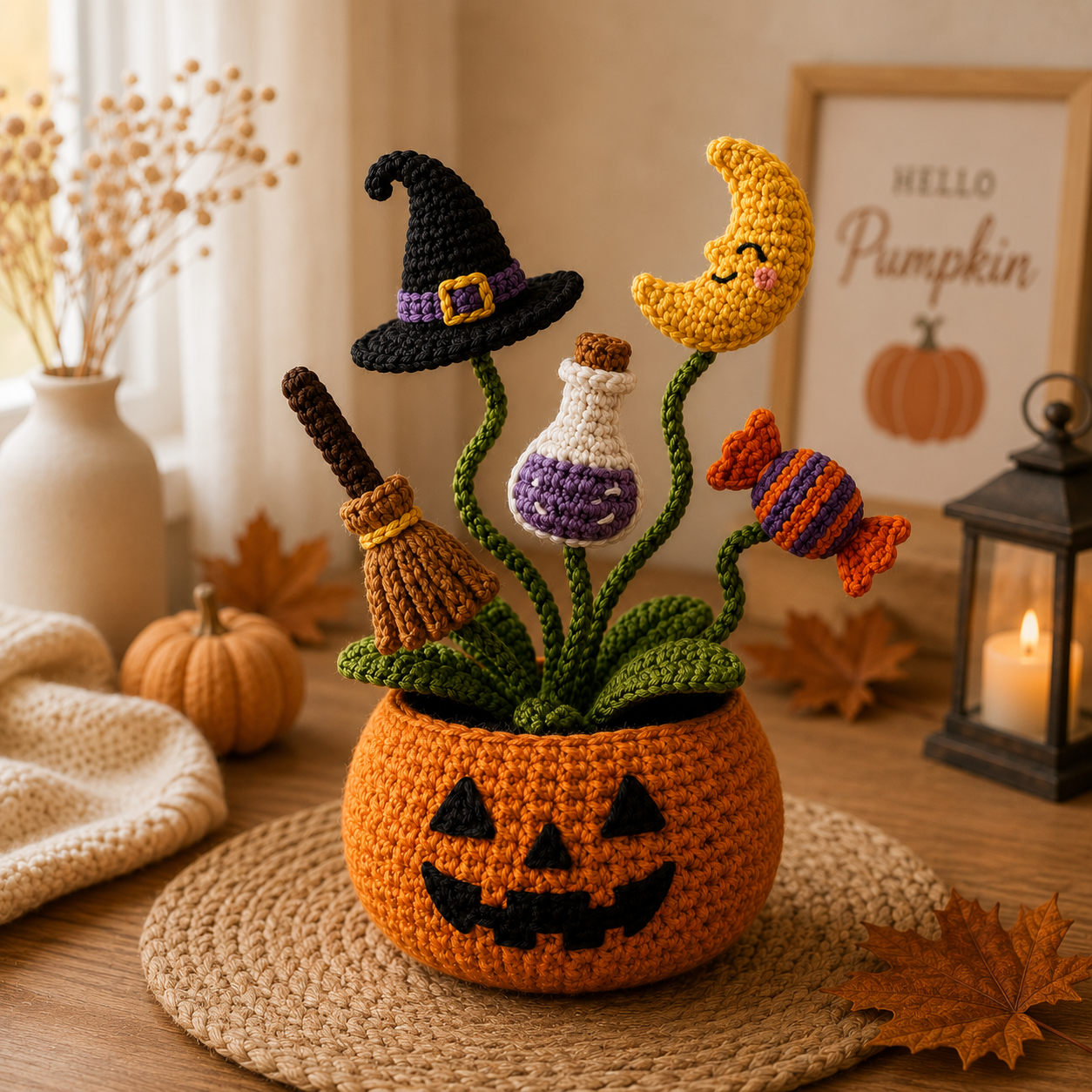 Handmade Crochet Halloween Pumpkin Pot Decor