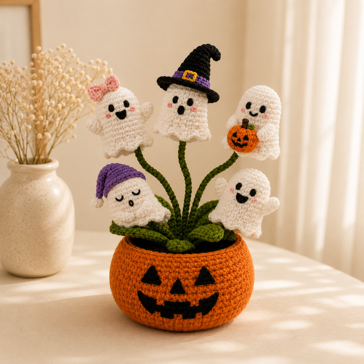 Handmade Crochet Ghost Halloween Pumpkin Pot Decor