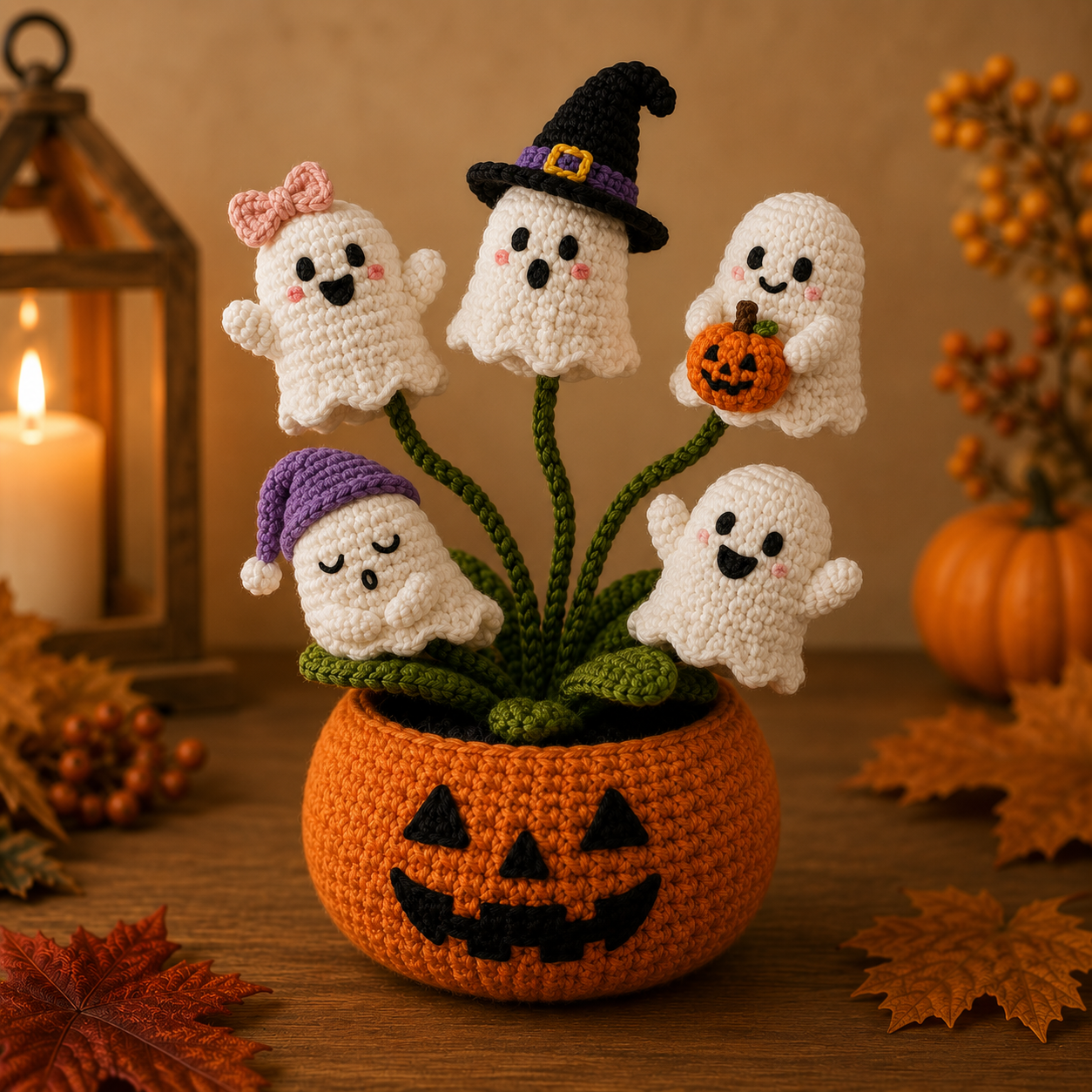 Handmade Crochet Ghost Halloween Pumpkin Pot Decor