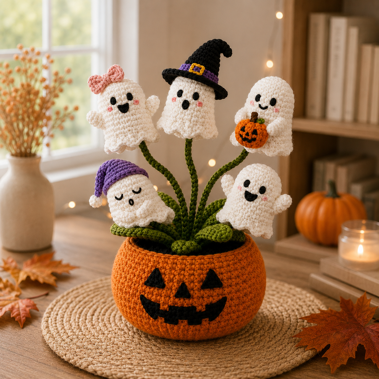 Handmade Crochet Ghost Halloween Pumpkin Pot Decor