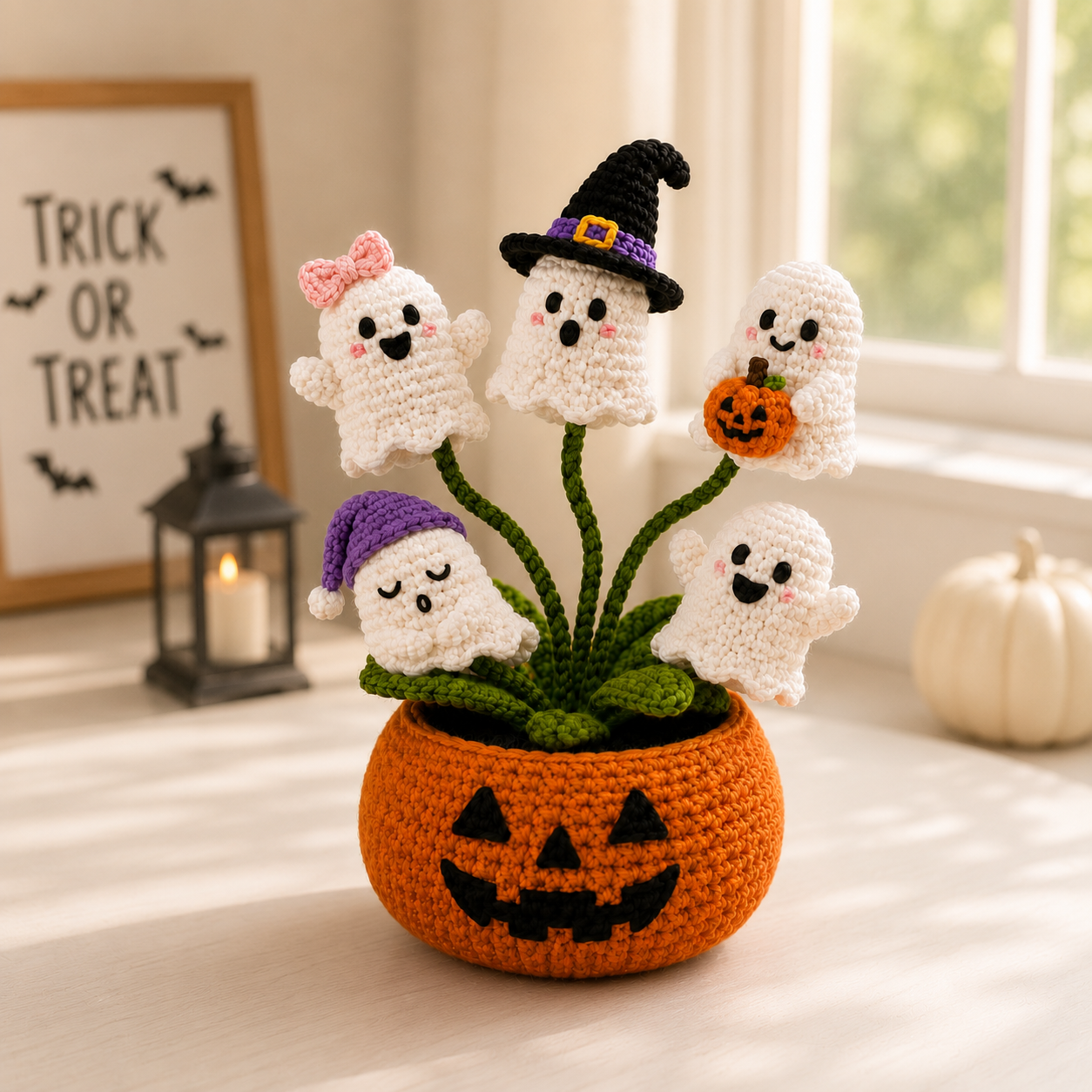 Handmade Crochet Ghost Halloween Pumpkin Pot Decor