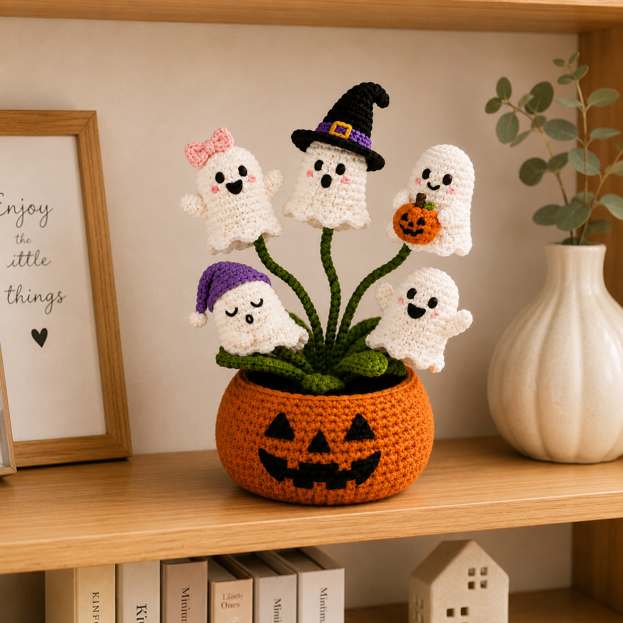 Handmade Crochet Ghost Halloween Pumpkin Pot Decor