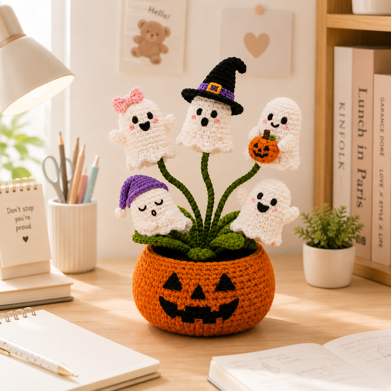 Handmade Crochet Ghost Halloween Pumpkin Pot Decor