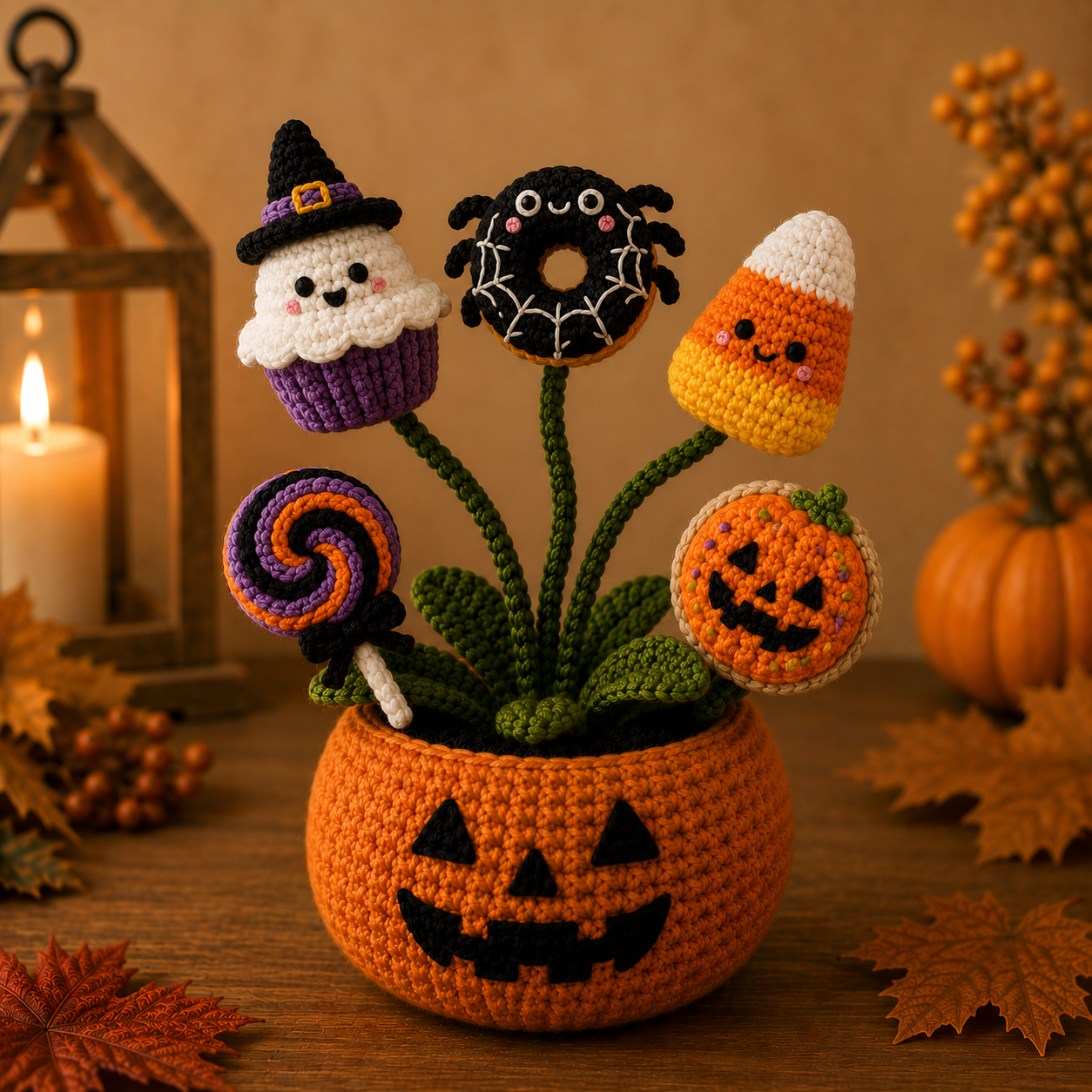 Handmade Crochet Halloween Treats Pumpkin Pot