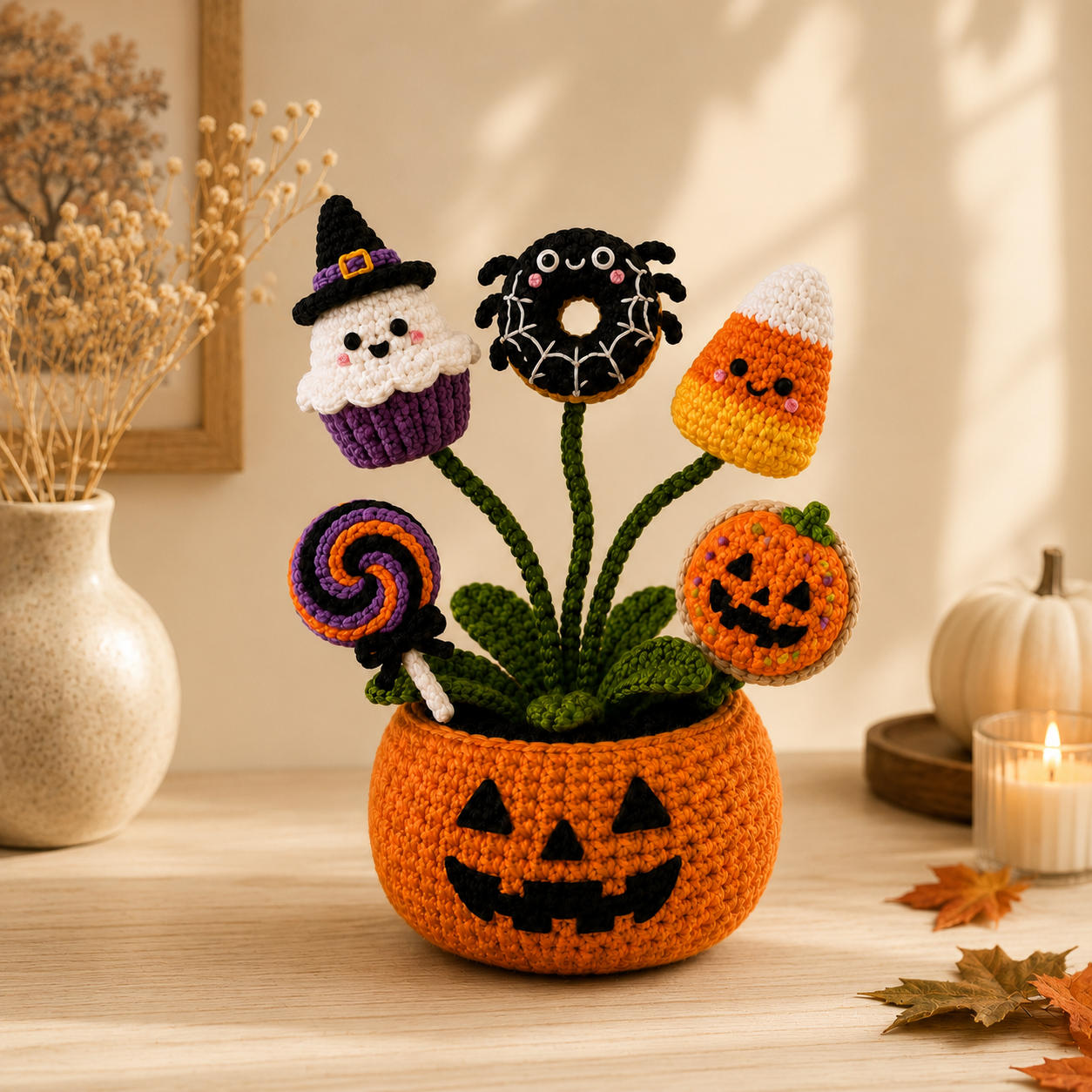 Handmade Crochet Halloween Treats Pumpkin Pot