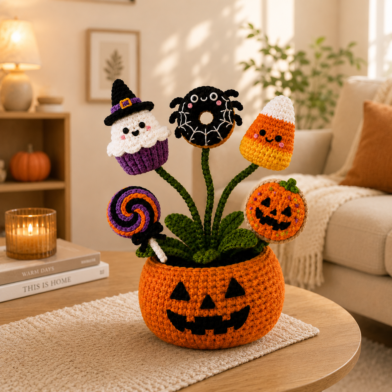 Handmade Crochet Halloween Treats Pumpkin Pot