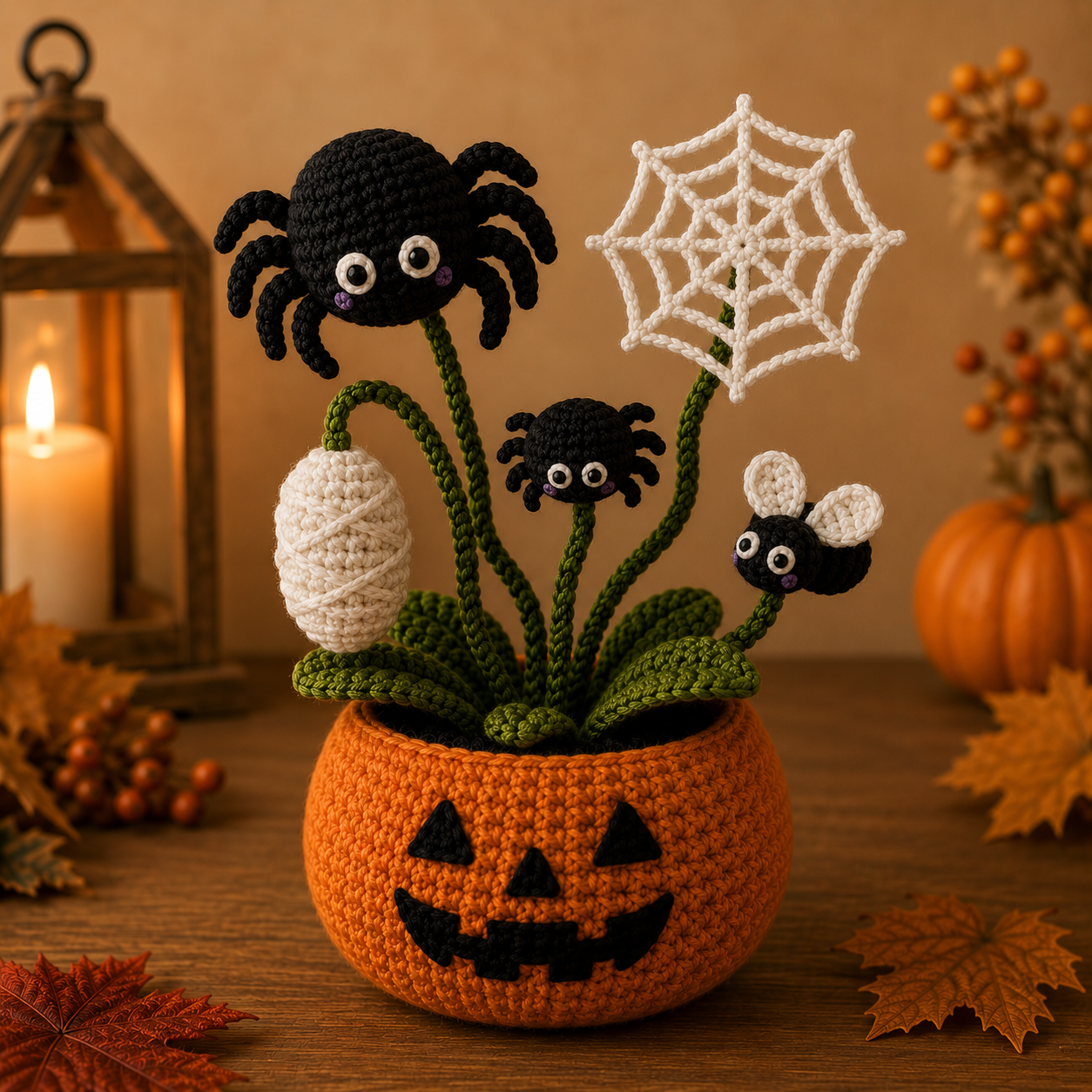 Handmade Crochet Spider Halloween Pumpkin Pot