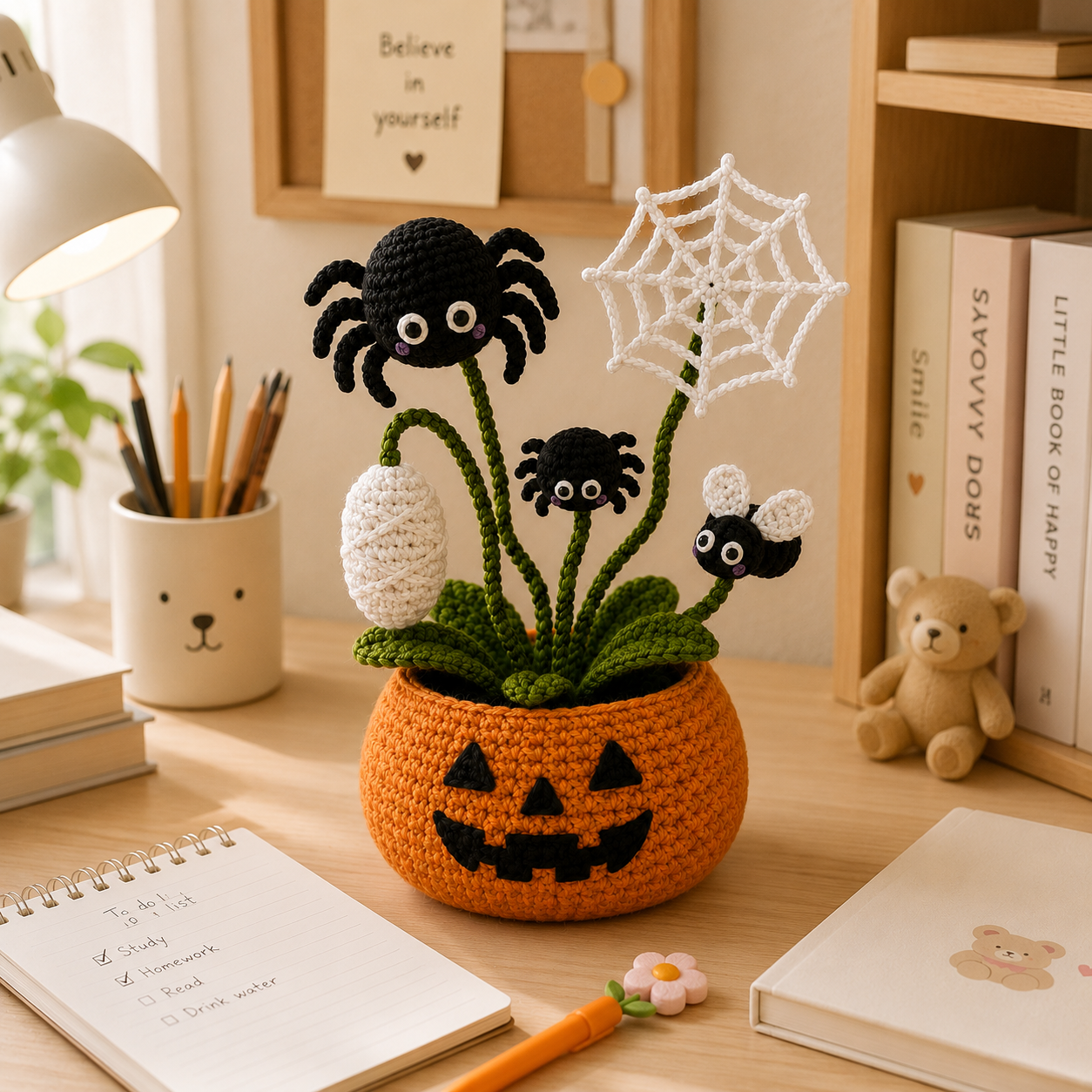 Handmade Crochet Spider Halloween Pumpkin Pot