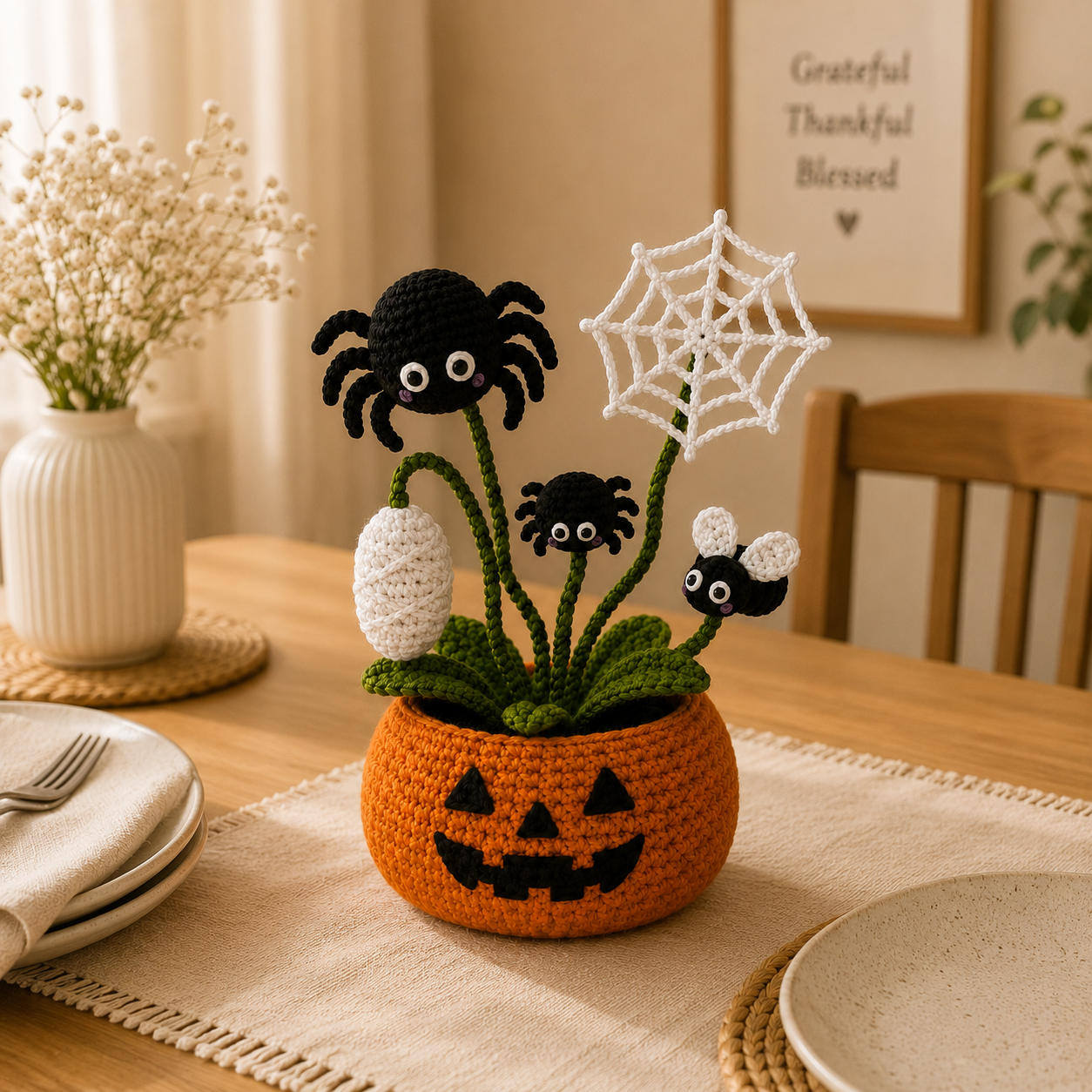 Handmade Crochet Spider Halloween Pumpkin Pot