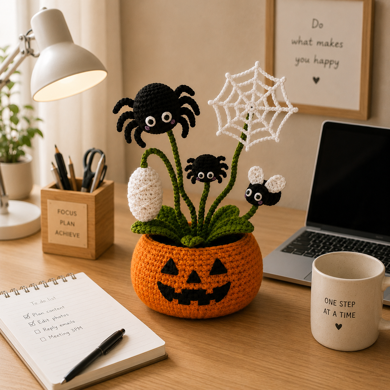 Handmade Crochet Spider Halloween Pumpkin Pot