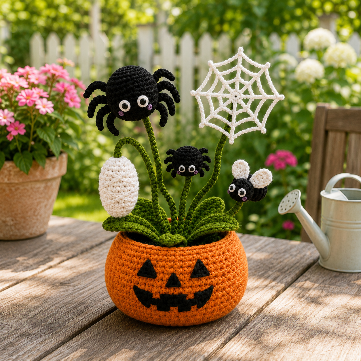 Handmade Crochet Spider Halloween Pumpkin Pot