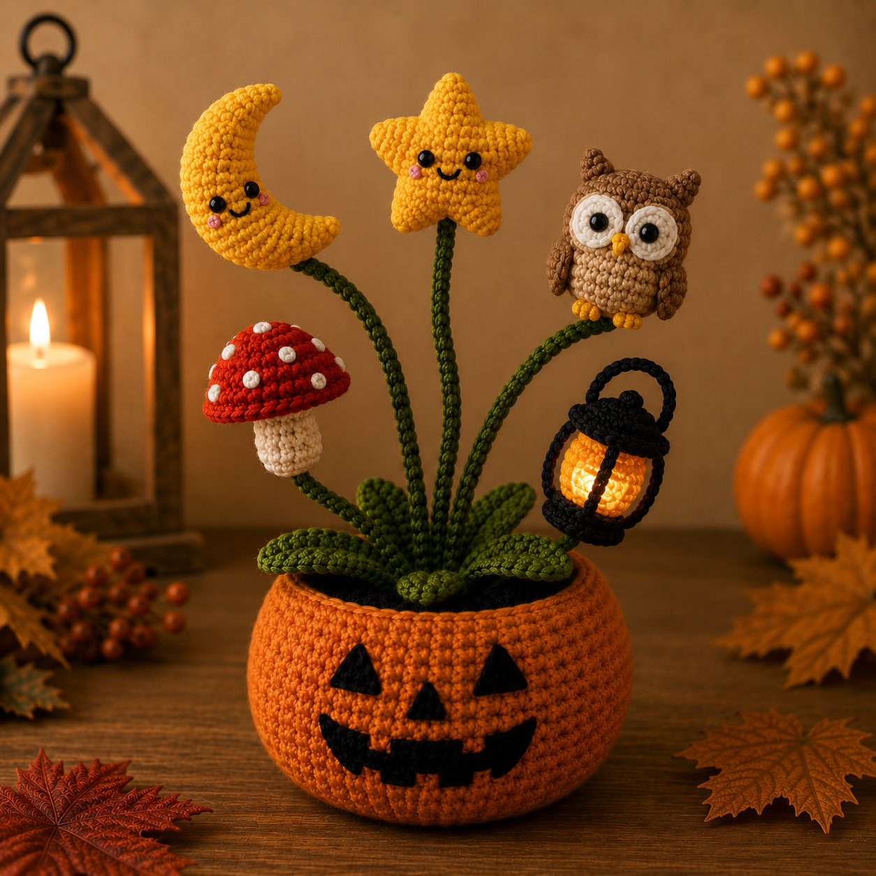 Handmade Crochet Night Sky Halloween Pumpkin Pot