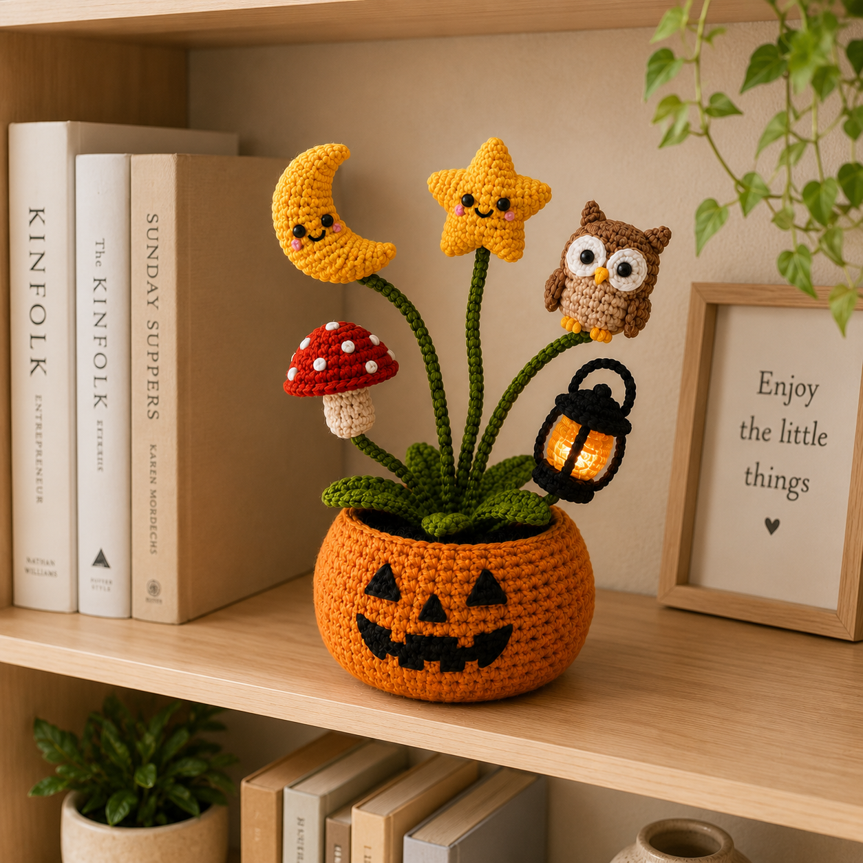Handmade Crochet Night Sky Halloween Pumpkin Pot
