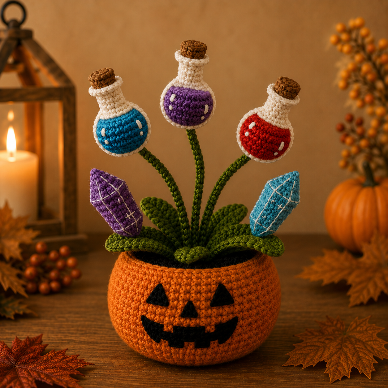 Handmade Crochet Magic Potion Halloween Pumpkin Pot