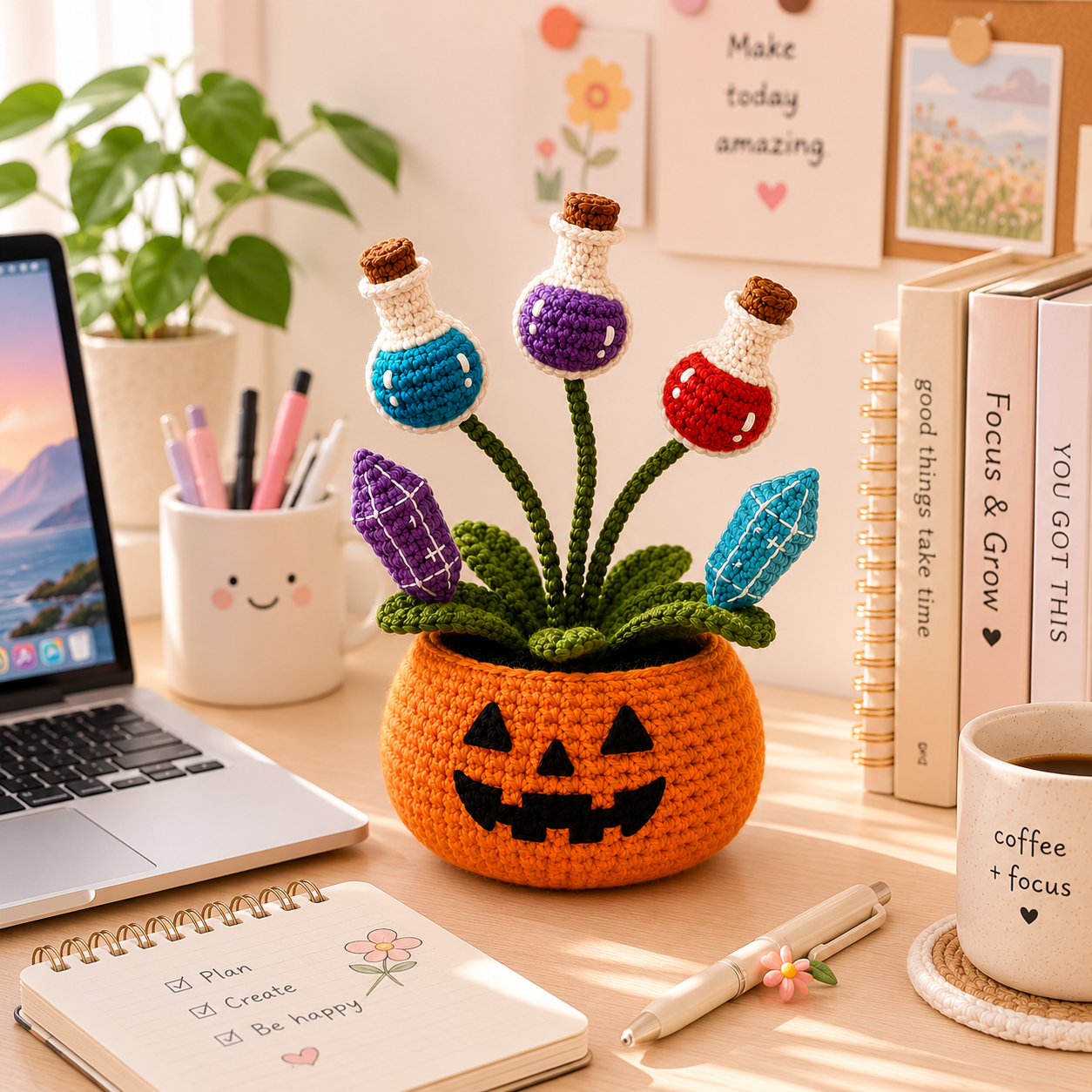 Handmade Crochet Magic Potion Halloween Pumpkin Pot