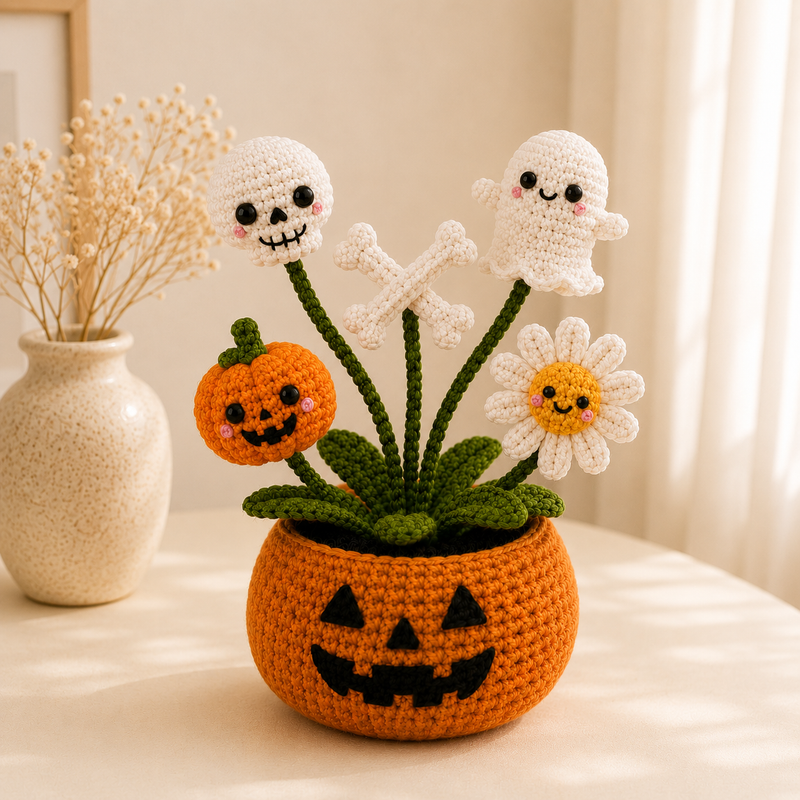 Handmade Crochet Skull & Ghost Halloween Pumpkin Pot