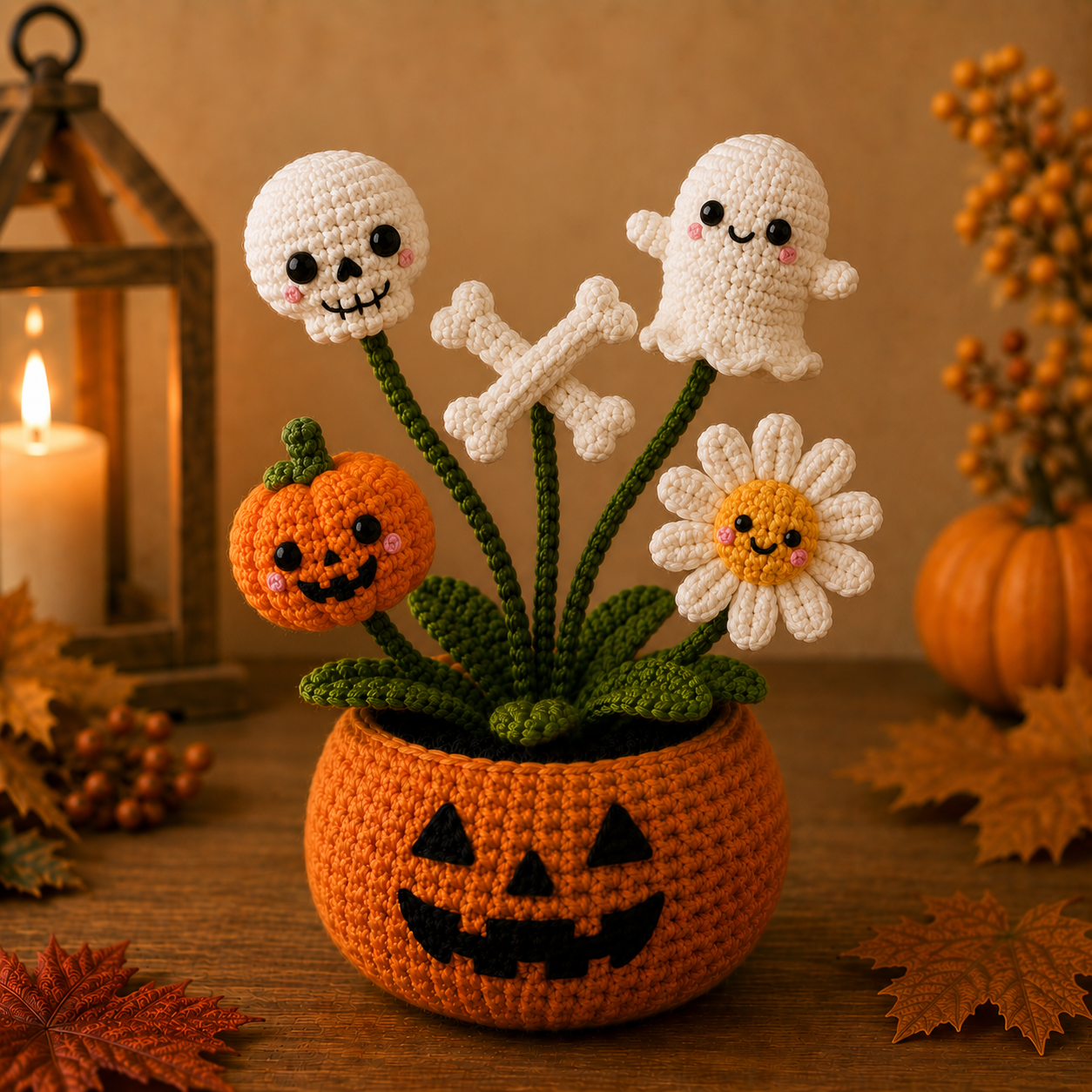 Handmade Crochet Skull & Ghost Halloween Pumpkin Pot