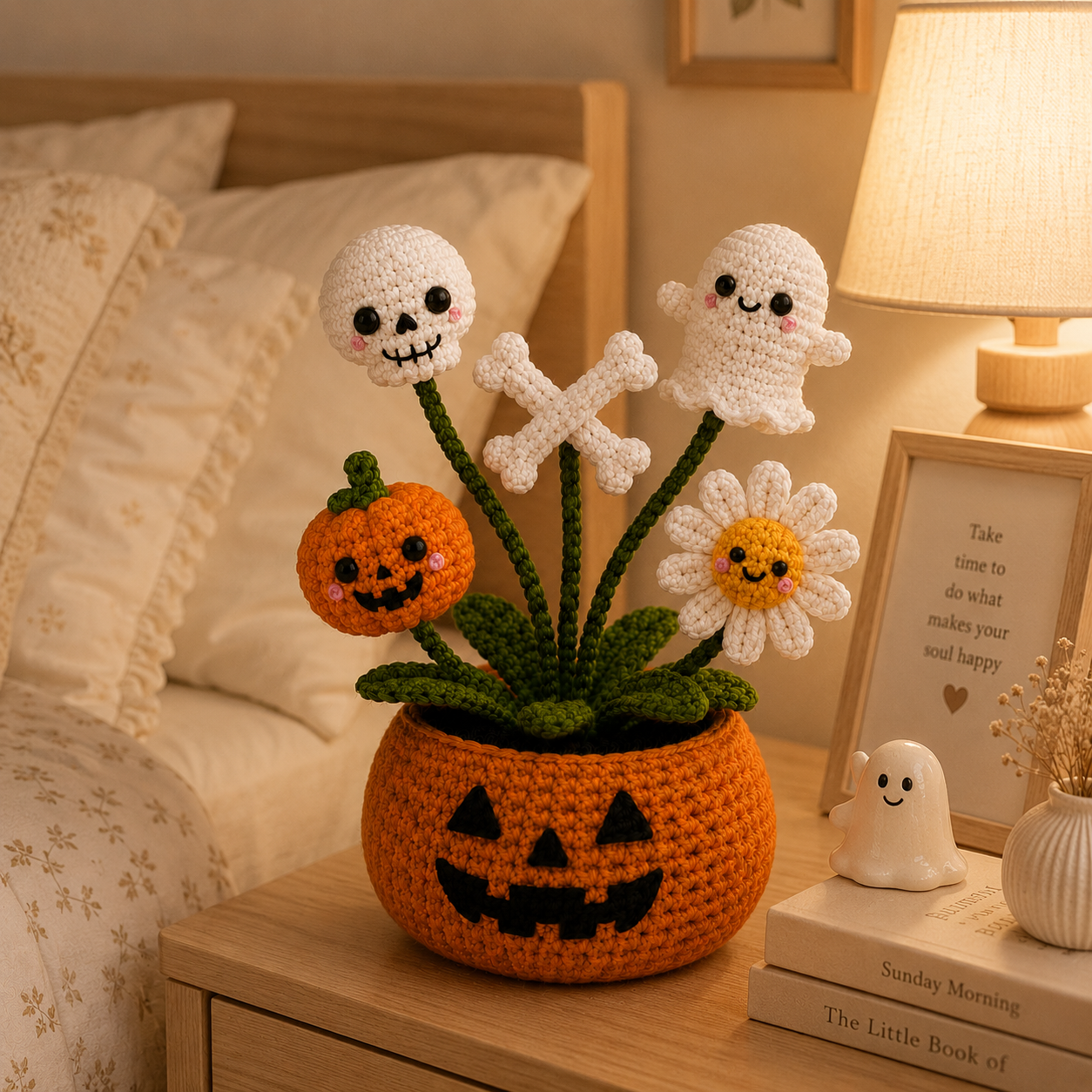 Handmade Crochet Skull & Ghost Halloween Pumpkin Pot