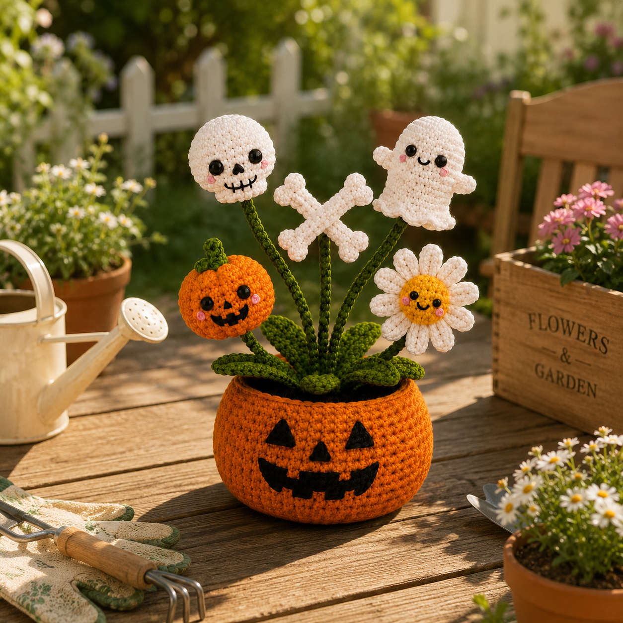 Handmade Crochet Skull & Ghost Halloween Pumpkin Pot