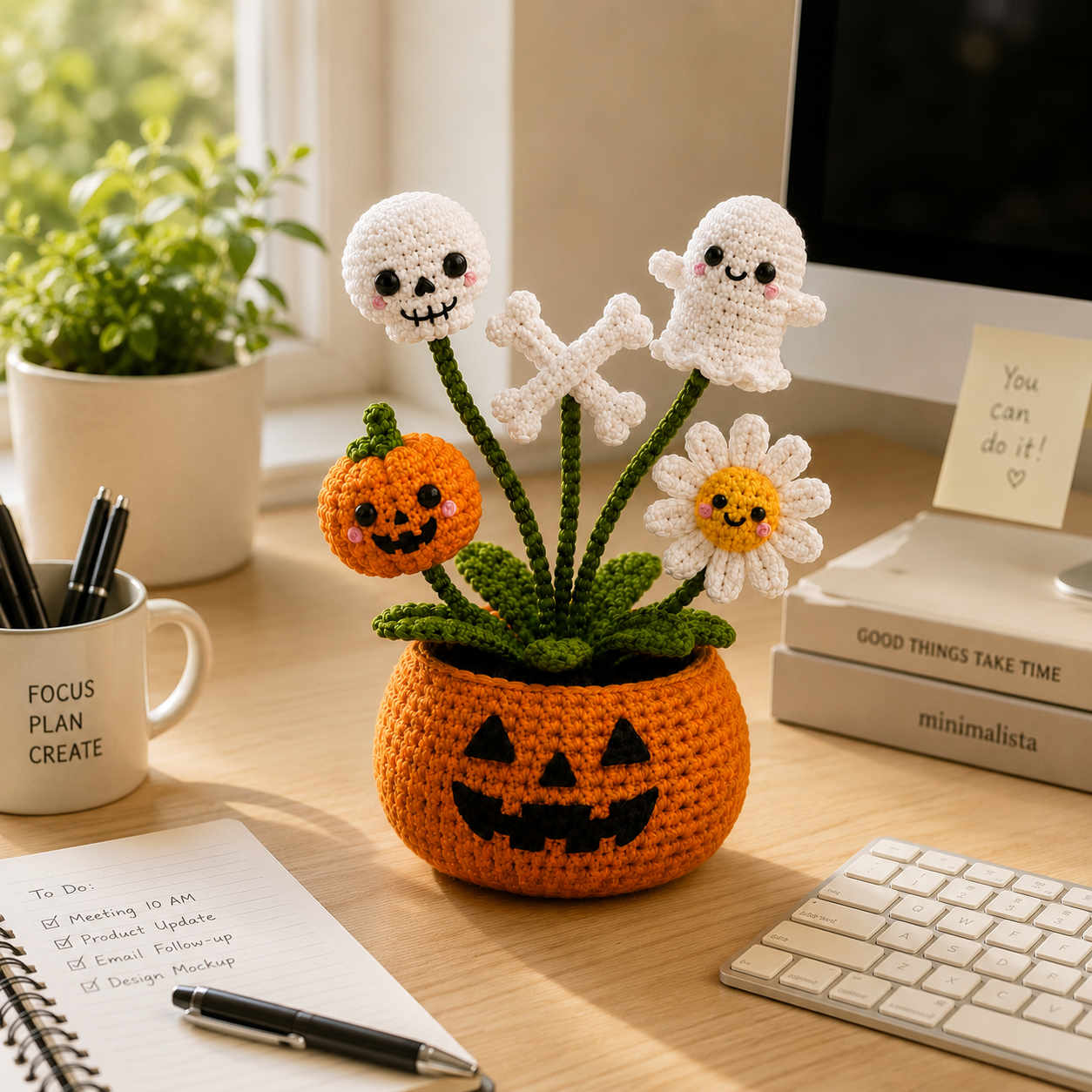 Handmade Crochet Skull & Ghost Halloween Pumpkin Pot