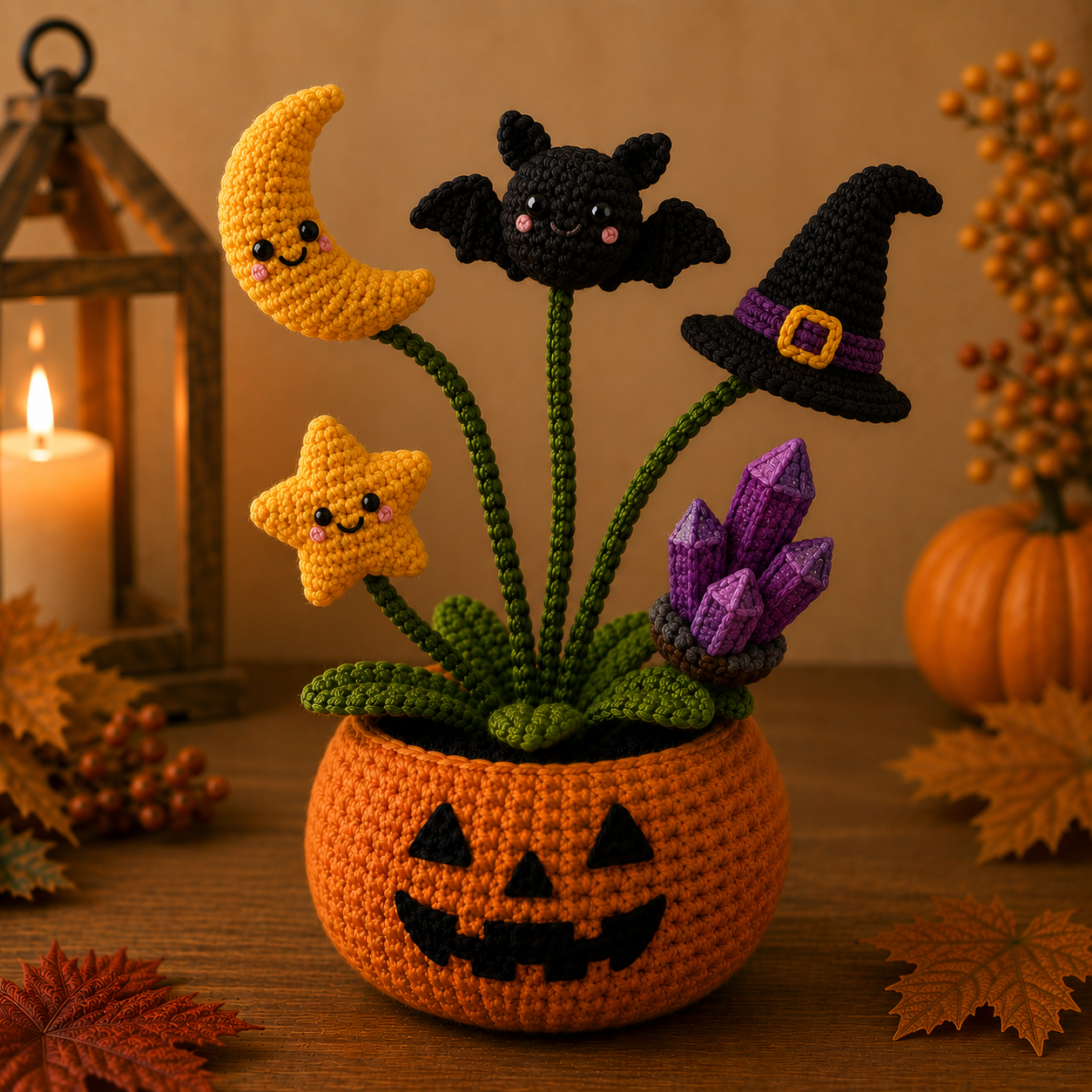 Handmade Crochet Night Magic Halloween Pumpkin Pot