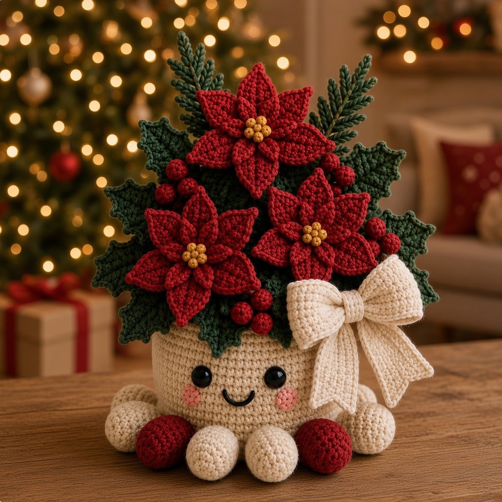 Handmade Crochet Christmas Poinsettia Pot with Cute Amigurumi Character Base
