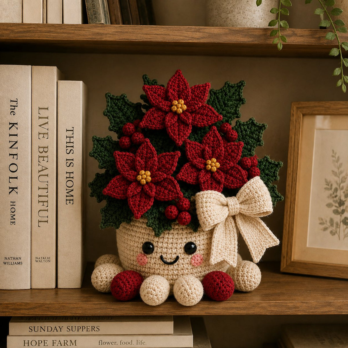 Handmade Crochet Christmas Poinsettia Pot with Cute Amigurumi Character Base