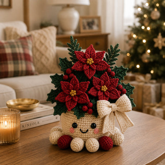 Handmade Crochet Christmas Poinsettia Pot with Cute Amigurumi Character Base