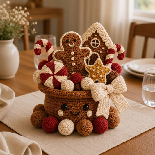 Handmade Crochet Christmas Gingerbread Pot - Festive Holiday Decor