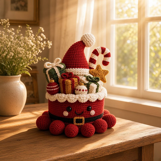 Crochet Santa Claus Octopus Storage Basket - Handmade Christmas Gift