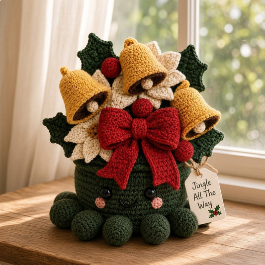 Crochet Christmas Bell Octopus Basket - Handmade Holiday Decor & Gift