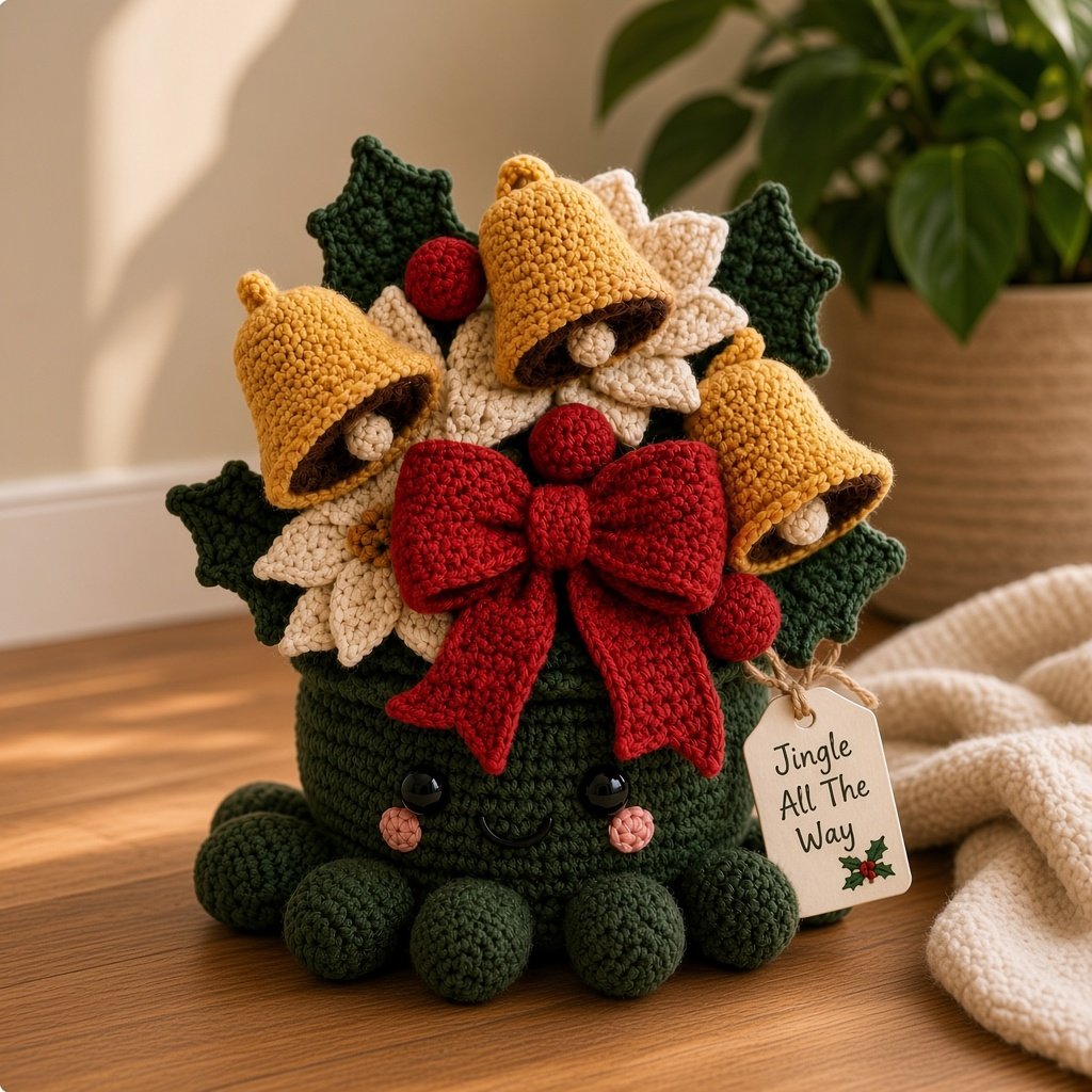 Crochet Christmas Bell Octopus Basket - Handmade Holiday Decor & Gift