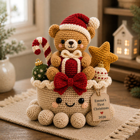 Crochet Christmas Teddy Bear Octopus Basket - Handmade Emma's First Christmas 2026 Decor & Gift