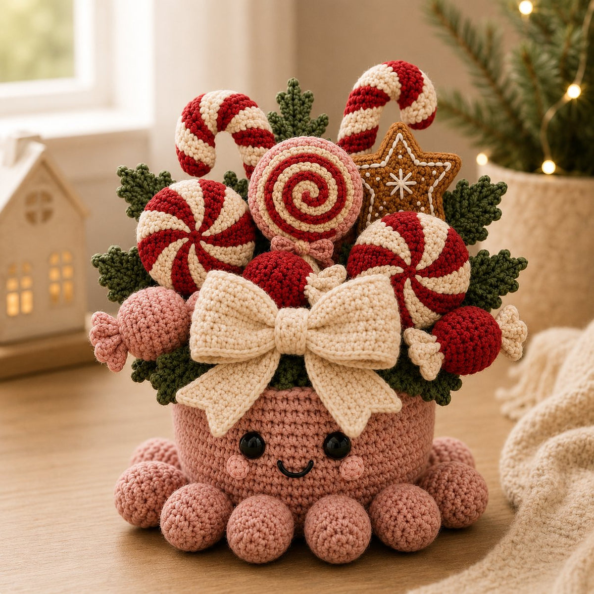 Crochet Christmas Candy Cane Octopus Basket - Handmade Holiday Decor & Gift