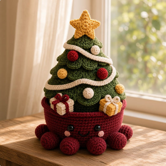 Crochet Christmas Tree Octopus Basket - Handmade Holiday Decor & Gift