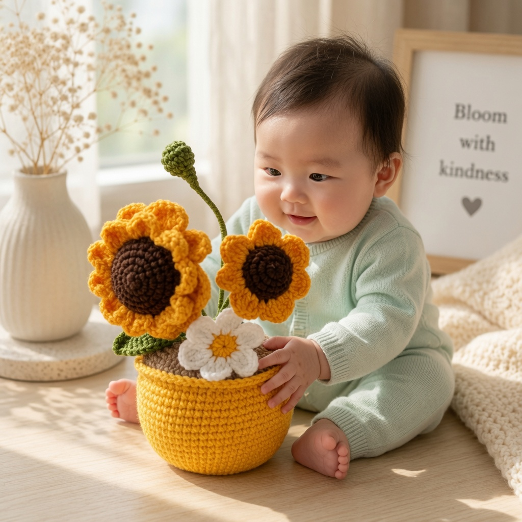 Handmade Crochet Sunflower & Daisy Pot – Amigurumi Flower Desk Decor, Forever Bloom Gift for Home & Office