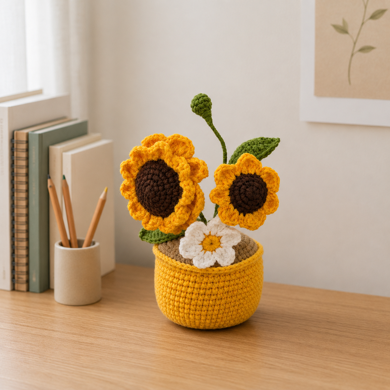 Handmade Crochet Sunflower & Daisy Pot – Amigurumi Flower Desk Decor, Forever Bloom Gift for Home & Office