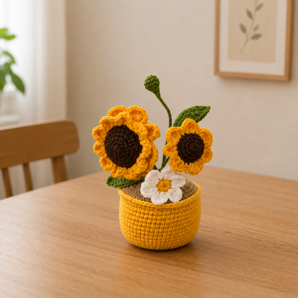 Handmade Crochet Sunflower & Daisy Pot – Amigurumi Flower Desk Decor, Forever Bloom Gift for Home & Office