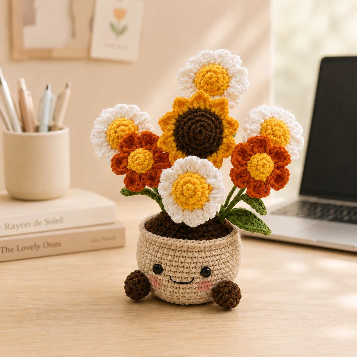 Handmade Crochet Sunflower & Wildflower Pot – Amigurumi Flower Arrangement, Cute Desk Decor & Forever Bloom Gift