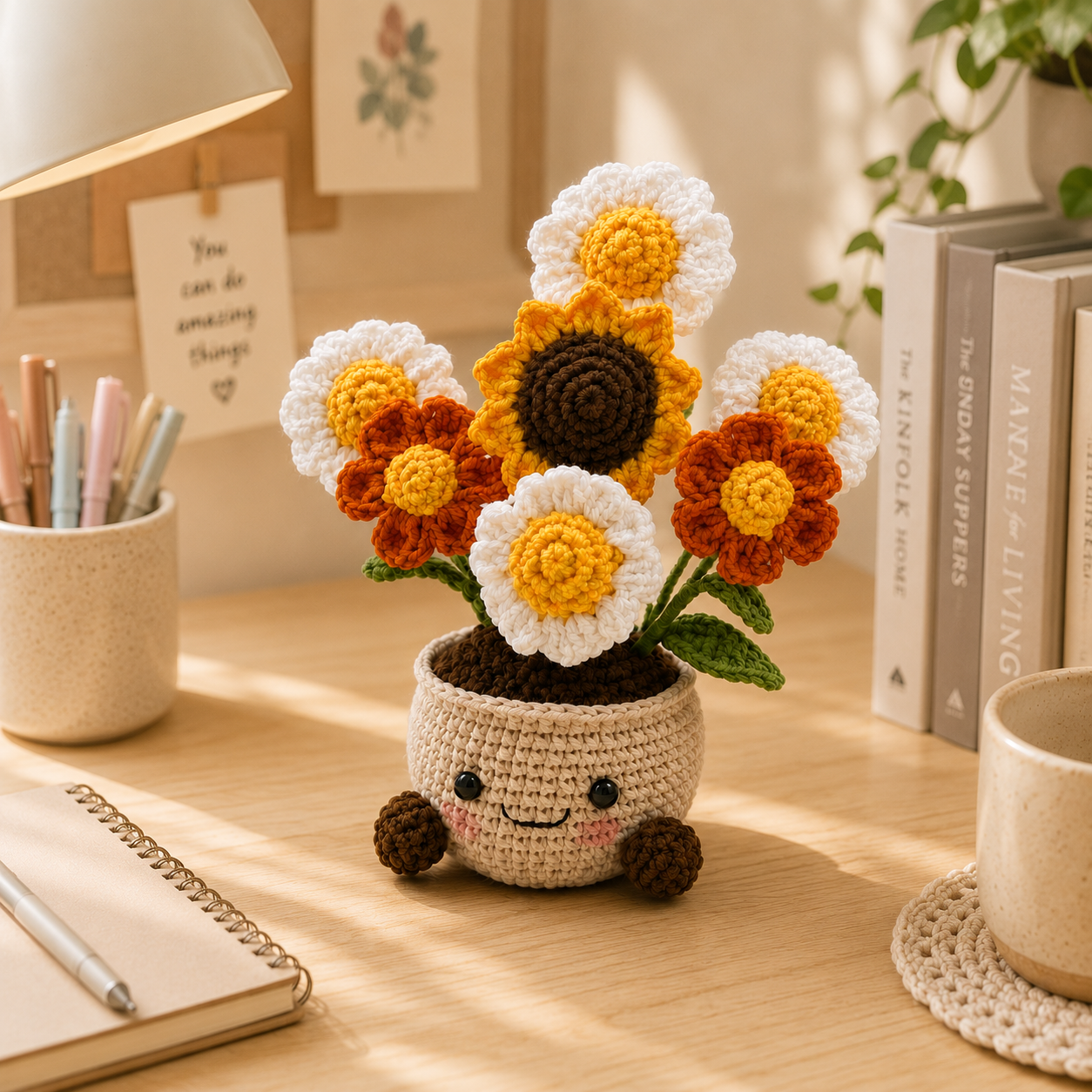 Handmade Crochet Sunflower & Wildflower Pot – Amigurumi Flower Arrangement, Cute Desk Decor & Forever Bloom Gift