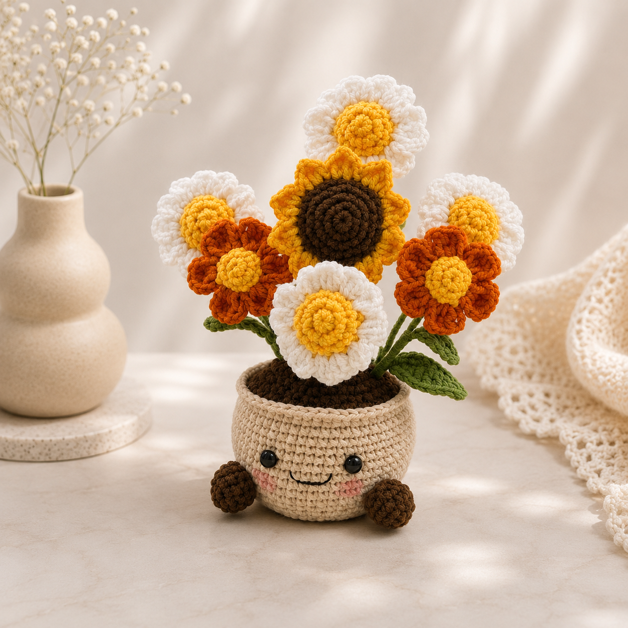 Handmade Crochet Sunflower & Wildflower Pot – Amigurumi Flower Arrangement, Cute Desk Decor & Forever Bloom Gift