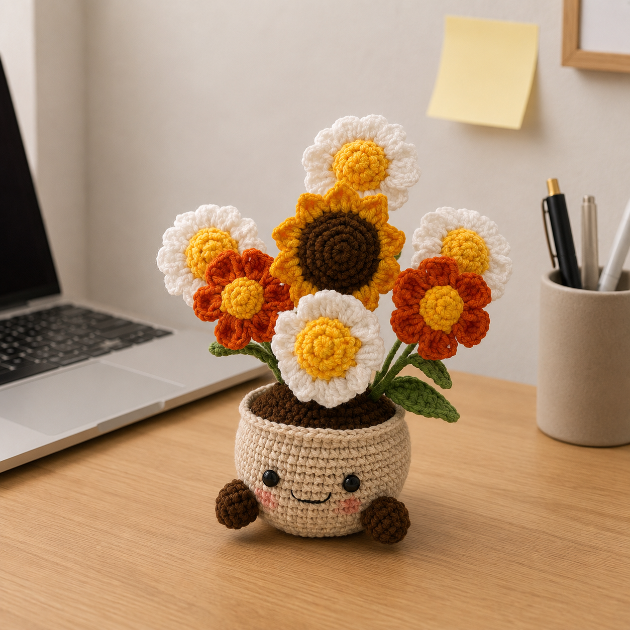Handmade Crochet Sunflower & Wildflower Pot – Amigurumi Flower Arrangement, Cute Desk Decor & Forever Bloom Gift