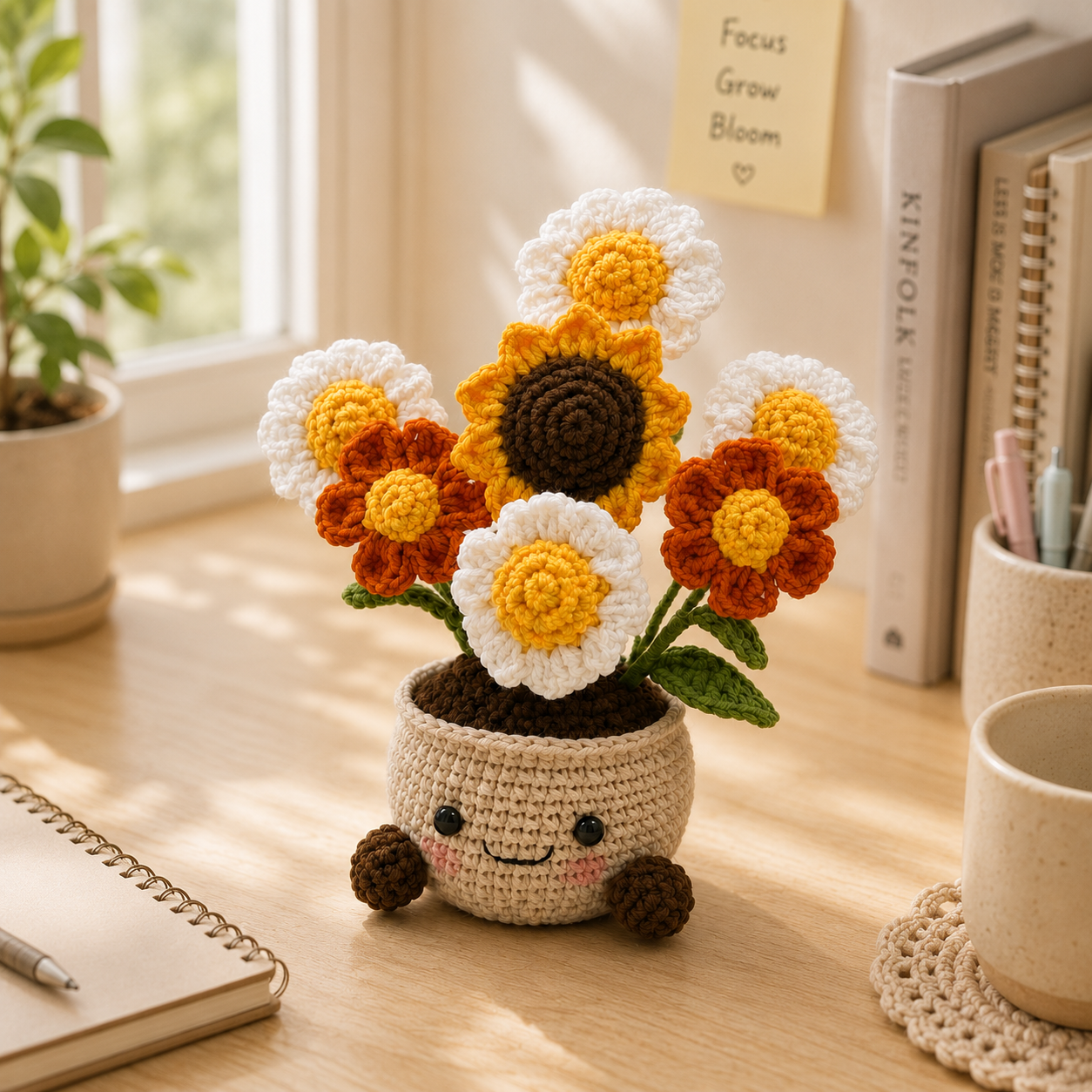 Handmade Crochet Sunflower & Wildflower Pot – Amigurumi Flower Arrangement, Cute Desk Decor & Forever Bloom Gift