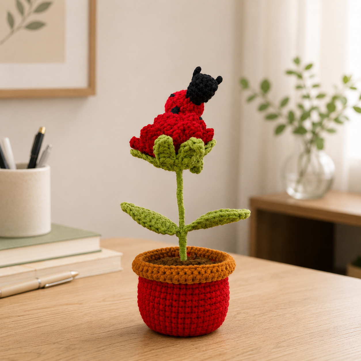 Handmade Crochet Rose with Ladybug Pot – Forever Flower Decor, Amigurumi Desk Plant & Romantic Gift